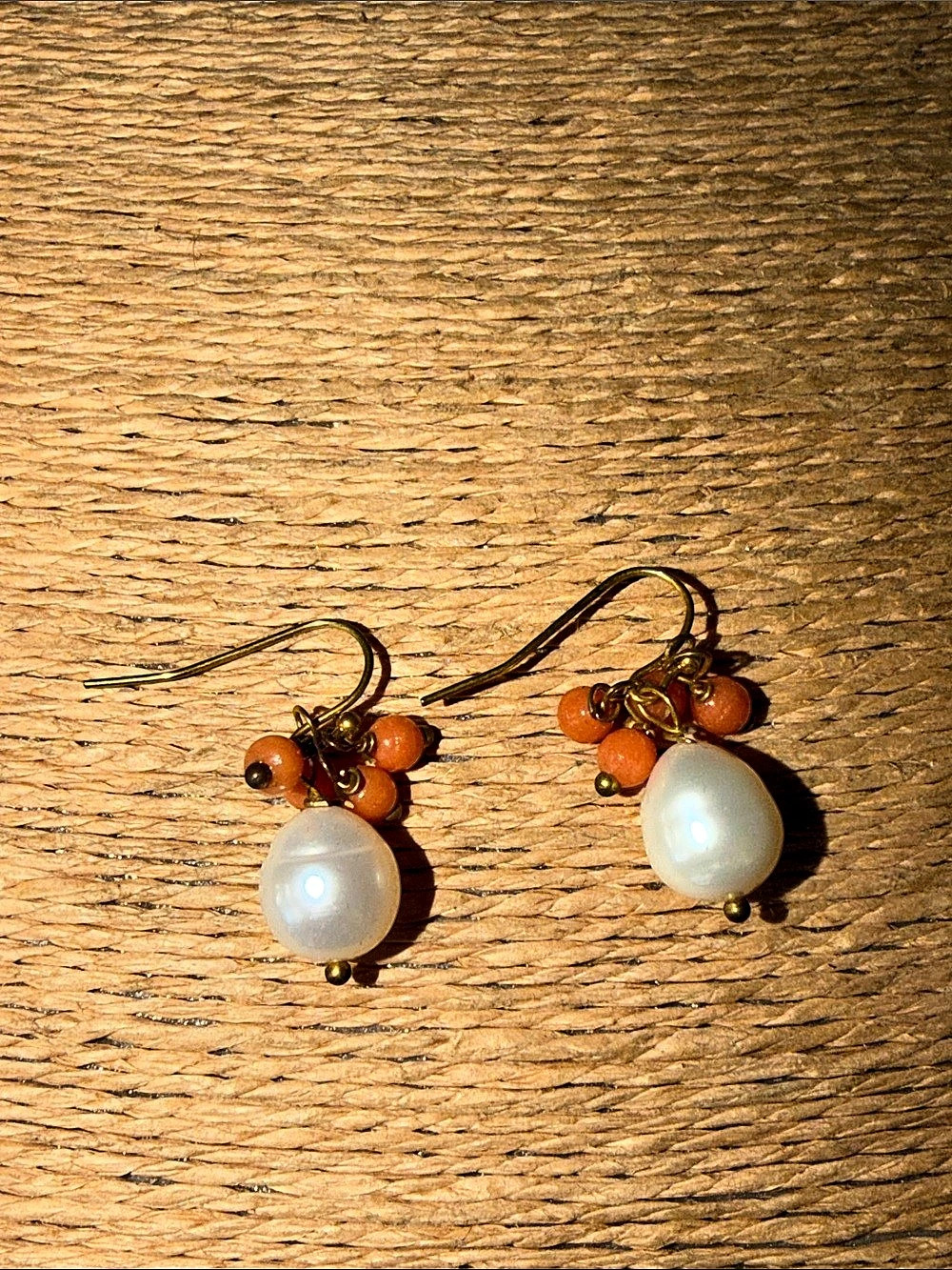 Fresh water white pearl Drop Earrings coral colored beads